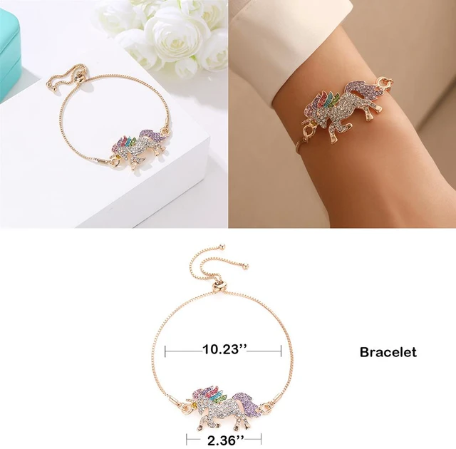 Alt view image 6 of 7 - Unicorn Jewelry Set Rainbow Rhinestone Crystal Necklace, Bracelet, Earring,Ring