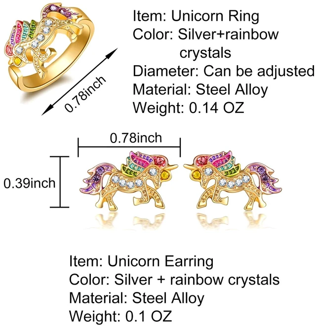 Alt view image 4 of 7 - Unicorn Jewelry Set Rainbow Rhinestone Crystal Necklace, Bracelet, Earring,Ring