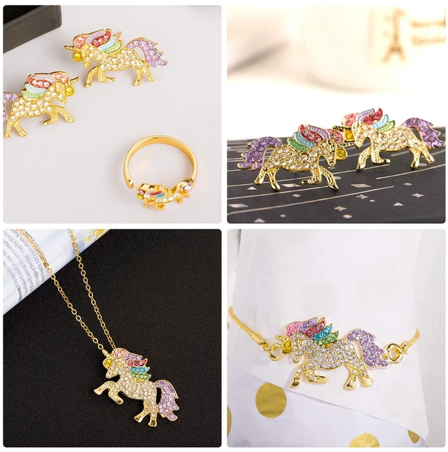Alt view image 5 of 7 - Unicorn Jewelry Set Rainbow Rhinestone Crystal Necklace, Bracelet, Earring,Ring