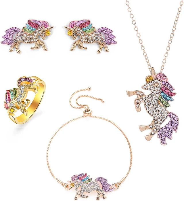 Main image of Unicorn Jewelry Set Rainbow Rhinestone Crystal Necklace, Bracelet, Earring,Ring