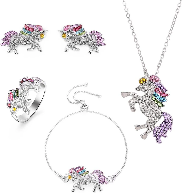 Main image of Unicorn Jewelry Set Rainbow Rhinestone Crystal Necklace, Bracelet, Earring,Ring