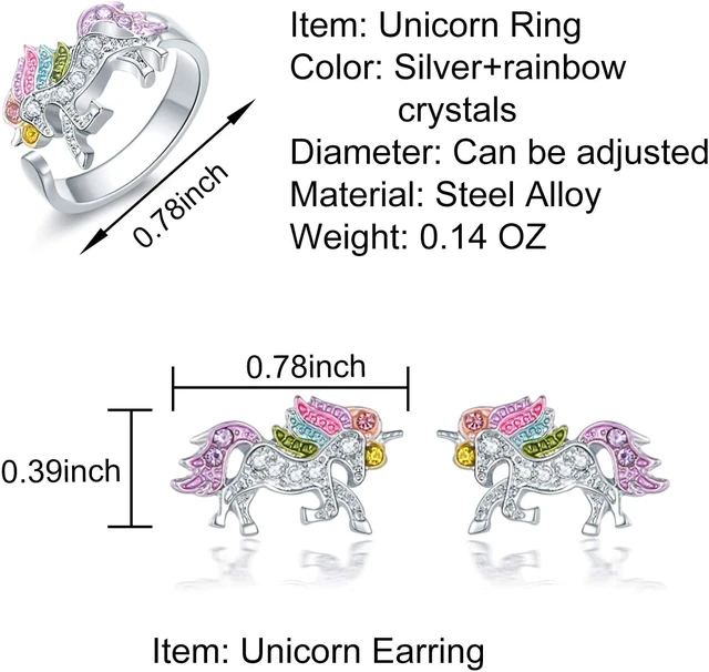 Alt view image 3 of 7 - Unicorn Jewelry Set Rainbow Rhinestone Crystal Necklace, Bracelet, Earring,Ring