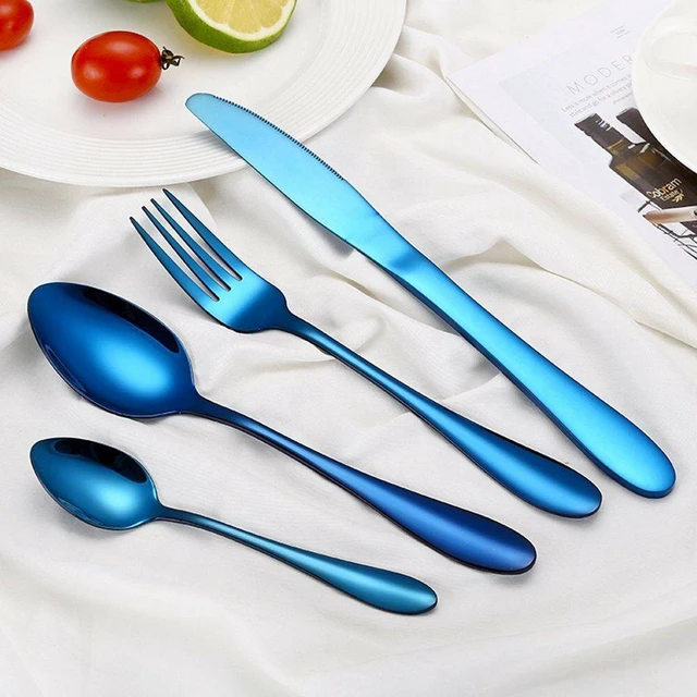 Alt view image 2 of 3 - 4Pcs Flatware Rainbow Dinnerware Stainless Steel Tableware Set Fork Spoon Knife(Blue)