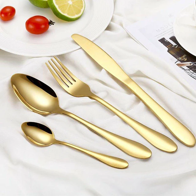 Alt view image 7 of 7 - 4Pcs Flatware Rainbow Dinnerware Stainless Steel Tableware Set Fork Spoon Knife (Gold)