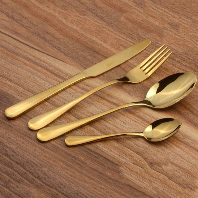 Alt view image 4 of 7 - 4Pcs Flatware Rainbow Dinnerware Stainless Steel Tableware Set Fork Spoon Knife (Gold)