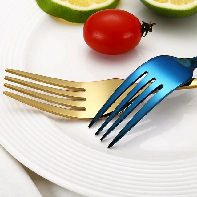 Alt view image 3 of 3 - 4Pcs Flatware Rainbow Dinnerware Stainless Steel Tableware Set Fork Spoon Knife(Blue)