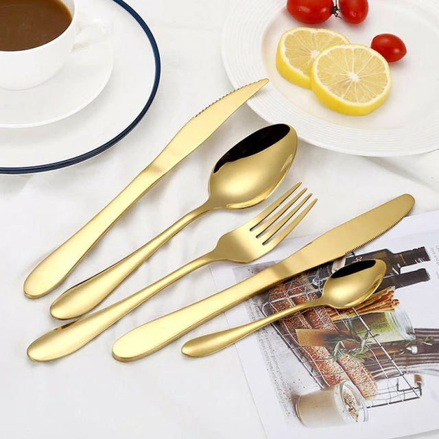 Alt view image 2 of 7 - 4Pcs Flatware Rainbow Dinnerware Stainless Steel Tableware Set Fork Spoon Knife (Gold)