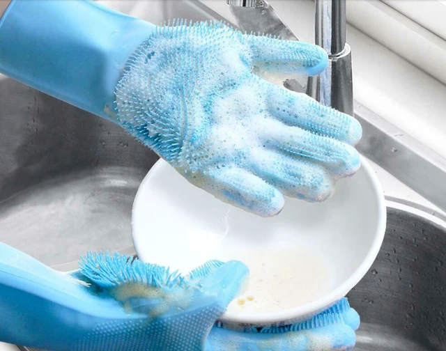 Alt view image 5 of 6 - Silicone Cleaning Brush Scrubber Gloves Heat Resistant Dish Washing