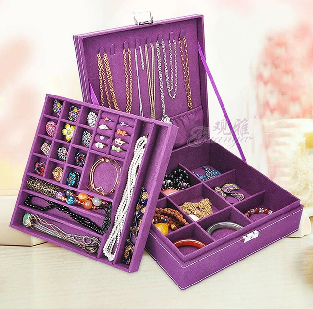 Alt view image 2 of 7 - Two-Layer Lint Large Jewelry Box Organizer Display Storage case with Lock