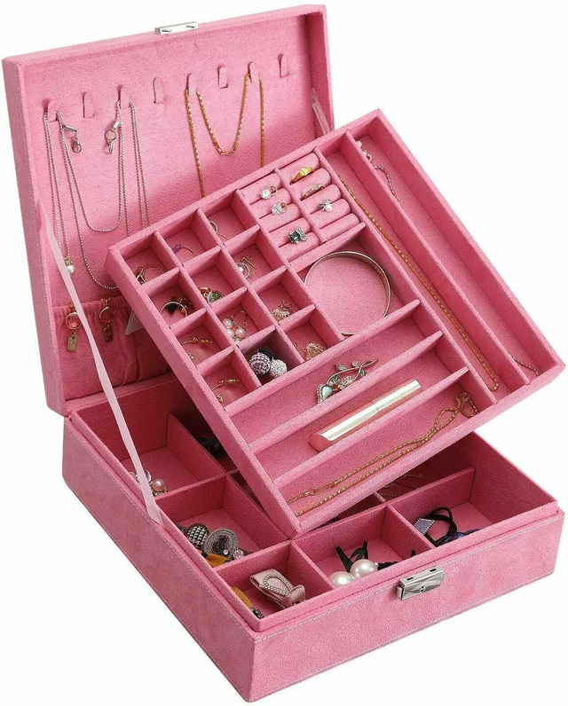 Alt view image 3 of 5 - Two-Layer Lint Large Jewelry Box Organizer Display Storage case with Lock