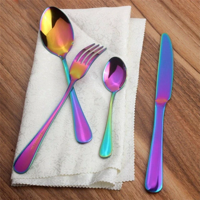 Alt view image 6 of 6 - 4Pcs Flatware Rainbow Dinnerware Stainless Steel Tableware Set Fork Spoon Knife(Rainbow )