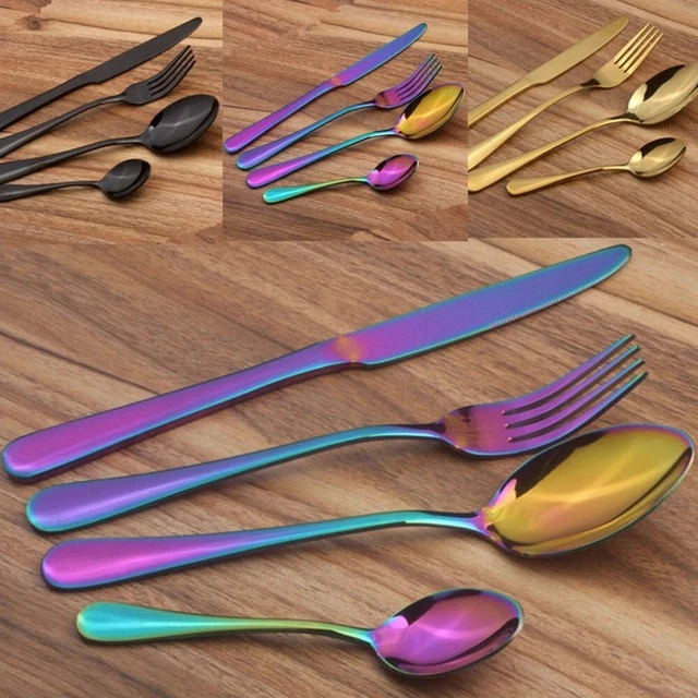 Alt view image 4 of 6 - 4Pcs Flatware Rainbow Dinnerware Stainless Steel Tableware Set Fork Spoon Knife(Rainbow )