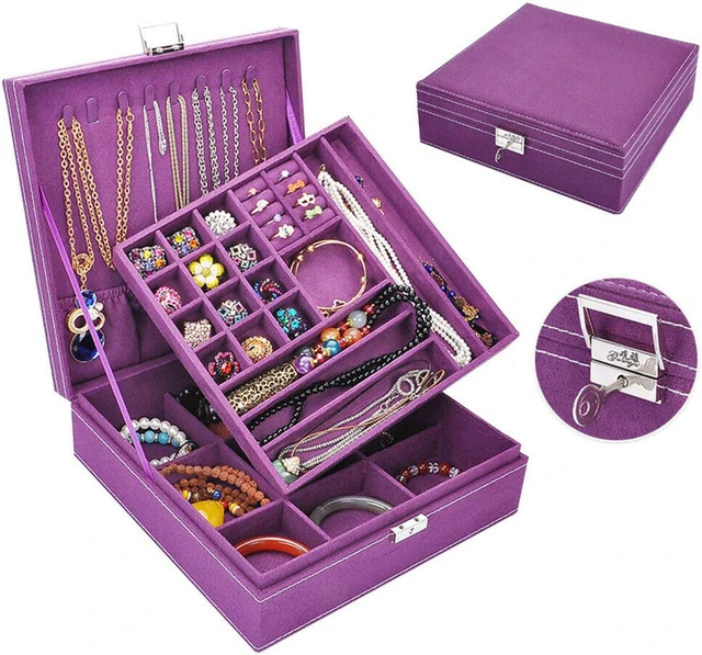 Alt view image 5 of 7 - Two-Layer Lint Large Jewelry Box Organizer Display Storage case with Lock
