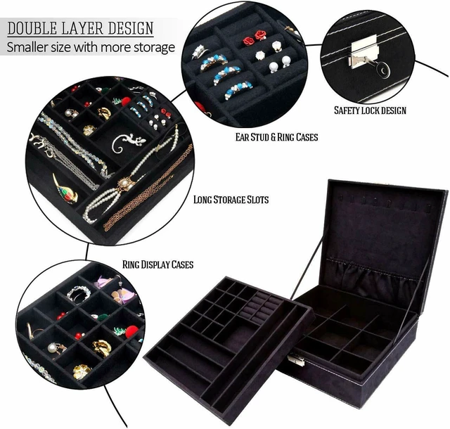 Alt view image 6 of 7 - Two-Layer Lint Large Jewelry Box Organizer Display Storage case with Lock