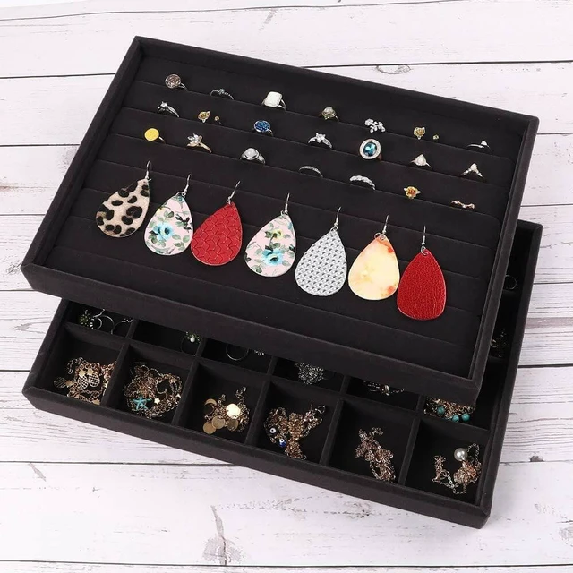 Alt view image 3 of 7 - 4 Pack Stackable Velvet Jewelry Trays Organizer Storage Drawer Display Trays
