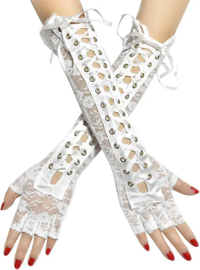 Main image of 15.3‘’ Women's Sexy Elbow Length Fingerless Lace Up Arm Tie Long Lace Gloves