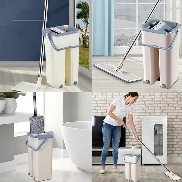 Alt view image 4 of 5 - US 1 Sets Flat Mop Bucket System Reusable Microfiber Pads Cleaning Wet Dry Use
