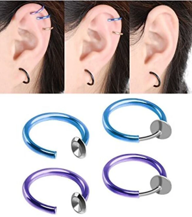 Alt view image 6 of 6 - Clip-On Spring Action Non-Piercing Fake Septum Lip Cartilage Nose Tragus Ring 1 Pair Silver