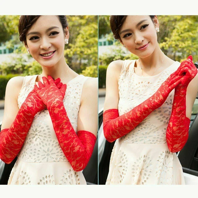 Main image of US Sexy Lace Gloves Thin Long Bride Wedding Party Arm Elbow Prom Driving 19.7'' Red 1Pair