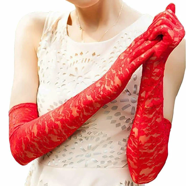 Alt view image 2 of 5 - US Sexy Lace Gloves Thin Long Bride Wedding Party Arm Elbow Prom Driving 19.7'' Red 1Pair