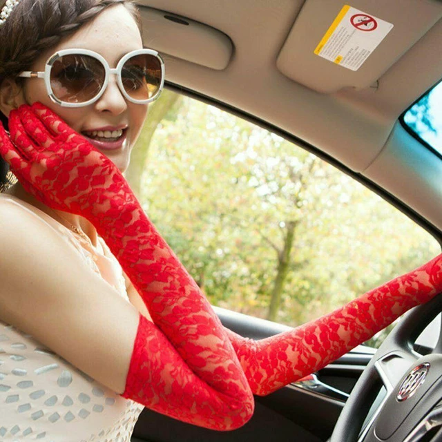 Alt view image 5 of 5 - US Sexy Lace Gloves Thin Long Bride Wedding Party Arm Elbow Prom Driving 19.7'' Red 1Pair