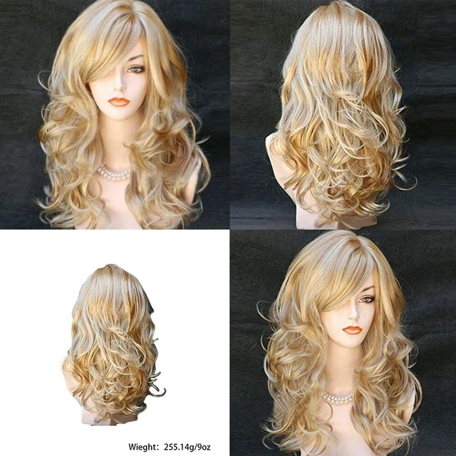 Alt view image 4 of 5 - US 1 Pcs Women Long Curly Body Wavy Heat Resistant Blonde Highlights Full Hair