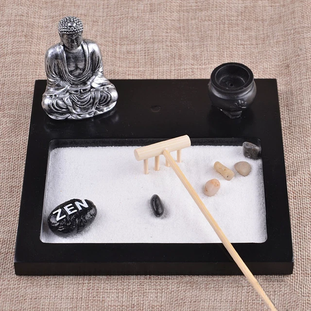 Alt view image 2 of 5 - US Tabletop Mini Meditation Zen Garden w/ Pavilion statue Rock Venues Rake Sand