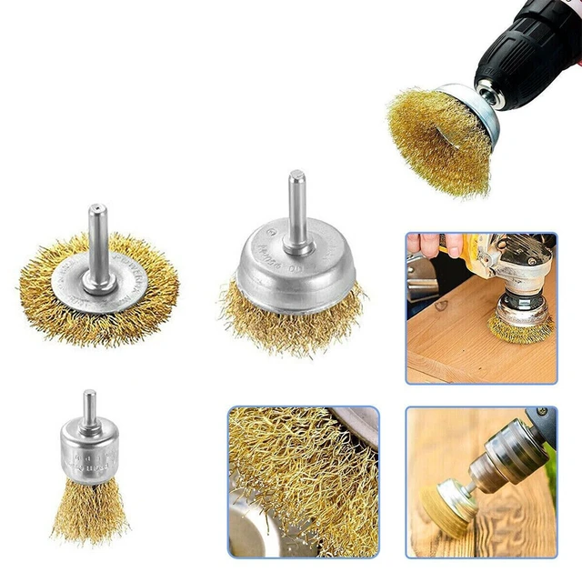 Alt view image 3 of 3 - US 6 Pcs Brass Wheel Cup Wire Brush Drill Bit Set Rust Paint Attachment 1/4"