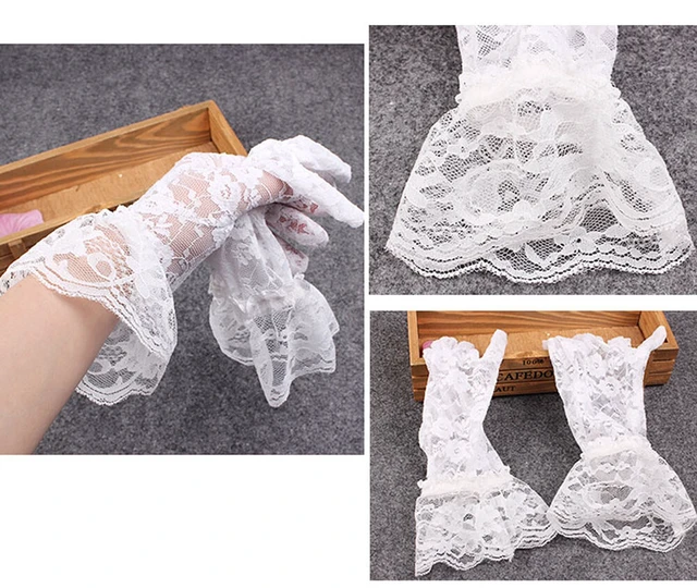 Alt view image 5 of 5 - US 1 Pairs Sexy Lace Wrist Length Gloves w/ Ruffle Bride Wedding Prom Anti UV BY-2-bduankuanleisishoutao mihuang1dui