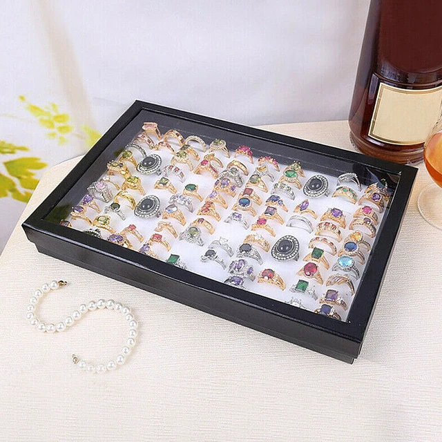 Alt view image 4 of 5 - US 1 Pack 100 Slots Jewelry Ring Display Tray Holder Earrings Organizer w/ Lid