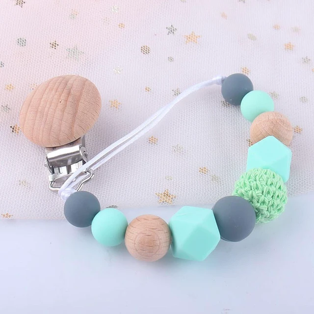 Main image of US 1-2 Pack Baby Pacifier Clip Chain Binky Holder Teething Beads Wooden Silicone CR-1-anaizuilianjia mutoumaoqiu lvse1ge
