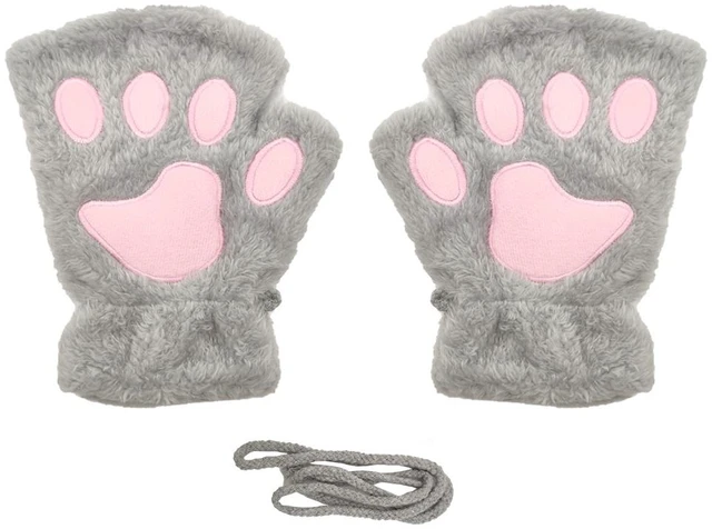 Main image of US Cat Claw Bear Paw Gloves Women Warm Plush Faux Fur Cosplay Fingerless Mittens CX-1-amaozhuashoutao1dui huise