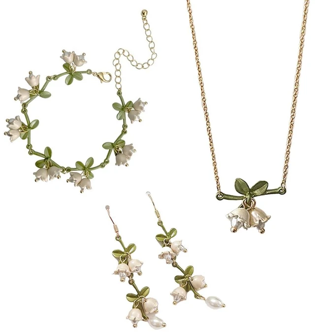 Main image of US Lily of the Valley Orchid Earring Bracelet Necklace Floral Dangle Jewelry Set