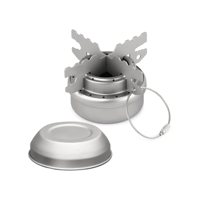Alt view image 5 of 5 - US 1 Titanium Portable Camping Hiking Alcohol Stove Cross Burner w/ Lid Stand