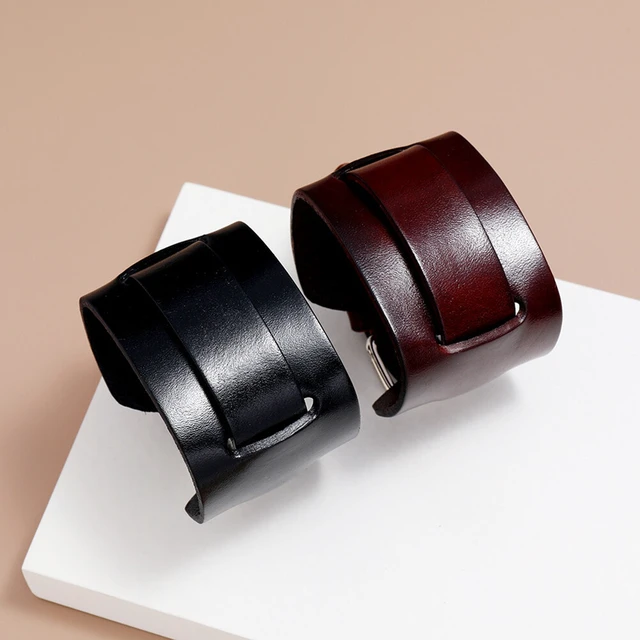 Alt view image 3 of 3 - US 1 Pc Men's Punk Wide Genuine Leather Belt Wristband Bangle Cuff Adjustable
