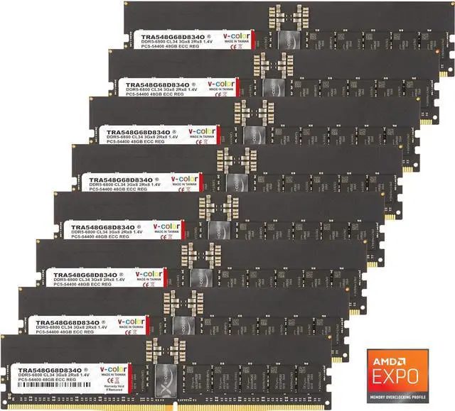 Main image of V-COLOR DDR5 384GB (48GBx8) 6800MHz CL34 3Gx8 2Rx8 OC R-DIMM (Overclocking ECC Registered DIMM) 1.25V Memory Ram for WRX90 Workstation (AMD EXPO) (TRA548G68D834O)