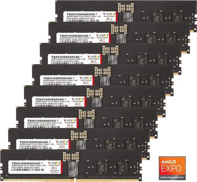 Main image of V-COLOR DDR5 128GB (16GBx8) 6600MHz CL34 2Gx8 1Rx8 OC R-DIMM (Overclocking ECC Registered DIMM) 1.4V Memory Ram for WRX90 Workstation (AMD EXPO) (TRA516G66S834O)