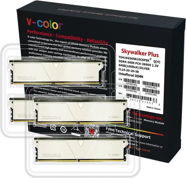 Alt view image 3 of 3 - V-COLOR Skywalker Plus DDR4 3600(PC4 28800) 64GB (4x16GB) CL16 Desktop Memory for Workstation (HEDT), Ultra-Low Timing, 288-Pin, TO416G36S816CSPSK