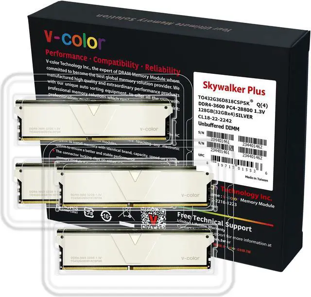 Alt view image 3 of 3 - V-COLOR Skywalker Plus DDR4 3600(PC4 28800) 128GB (4x32GB) CL18 Desktop Memory for Workstation (HEDT), Ultra-Low Timing, 288-Pin, TO432G36D818CSPSK