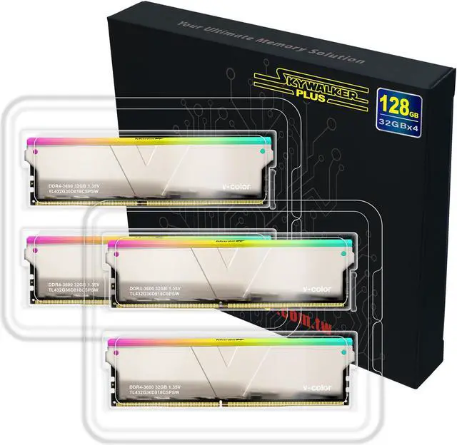 Alt view image 2 of 3 - V-COLOR Skywalker Plus RGB DDR4 3600(PC4 28800) 128GB (4x32GB) CL18 Desktop Memory for Workstation (HEDT), Ultra-Low Timing, 288-Pin, TL432G36D818CSPSW
