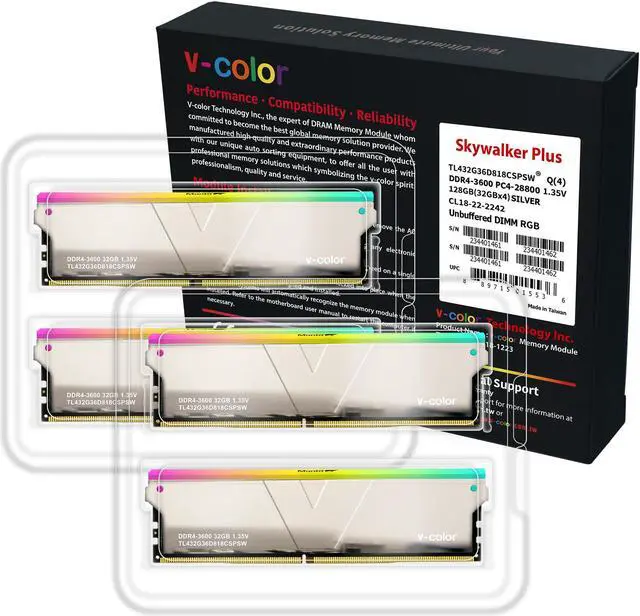 Alt view image 3 of 3 - V-COLOR Skywalker Plus RGB DDR4 3600(PC4 28800) 128GB (4x32GB) CL18 Desktop Memory for Workstation (HEDT), Ultra-Low Timing, 288-Pin, TL432G36D818CSPSW