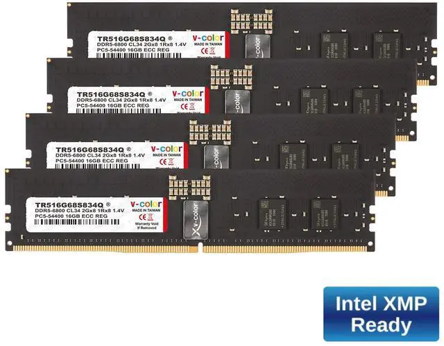 Main image of V-COLOR DDR5 64GB (16GBx4) 6800MHz CL34 Overclocking R-DIMM 2Gx8 1Rx8 1.4V ECC Registered DIMM Memory for W790 Workstation (Intel XMP) (TR516G68S834Q)