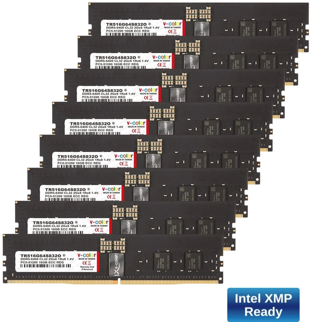 Main image of V-COLOR DDR5 128GB (16GBx8) 6400MHz CL32 Overclocking R-DIMM 2Gx8 1Rx8 1.4V ECC Registered DIMM Memory for W790 Workstation (Intel XMP) (TR516G64S832O)