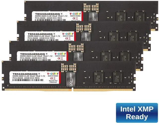 Main image of V-COLOR DDR5 96GB (24GBx4) 4800MHz CL40 Overclocking R-DIMM 3Gx8 1Rx8 1.1V ECC Registered DIMM Memory for W790 Workstation (Intel XMP) (TR524G48S840QX)