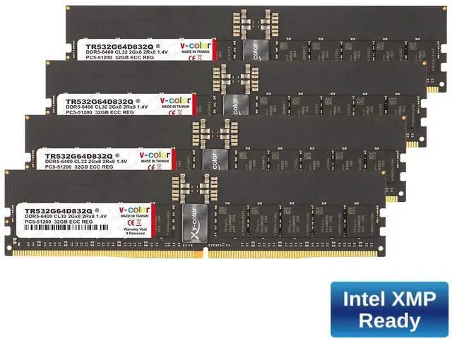 Main image of V-COLOR DDR5 128GB (32GBx4) 6400MHz CL32 Overclocking R-DIMM 2Gx8 2Rx8 1.4V ECC Registered DIMM Memory for W790 Workstation (Intel XMP) (TR532G64D832Q)