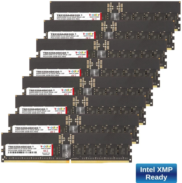 Main image of V-COLOR DDR5 256GB (32GBx8) 6400MHz CL32 Overclocking R-DIMM 2Gx8 2Rx8 1.4V ECC Registered DIMM Memory for W790 Workstation (Intel XMP) (TR532G64D832O)