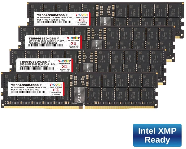 Main image of V-COLOR DDR5 256GB (64GBx4) 5600MHz CL36 Overclocking R-DIMM 8Gx4 2Rx4 1.25V ECC Registered DIMM Memory for W790 Workstation (Intel XMP) (TR564G56D436Q)
