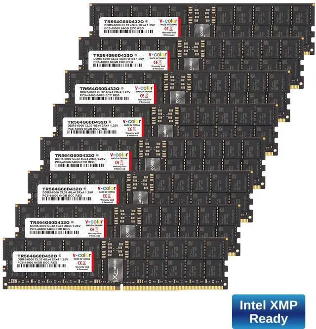 Main image of V-COLOR DDR5 512GB (64GBx8) 6000MHz CL32 Overclocking R-DIMM 4Gx4 2Rx4 1.25V ECC Registered DIMM Memory for W790 Workstation (Intel XMP) (TR564G60D432O)