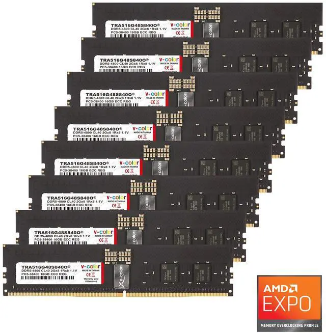 Main image of V-COLOR DDR5 128GB (16GBx8) 4800MHz CL40 2Gx8 1Rx8 JEDEC R-DIMM (ECC Registered DIMM) 1.1V Memory Ram for WRX90 Workstation (AMD EXPO) (TRA516G48S840O)
