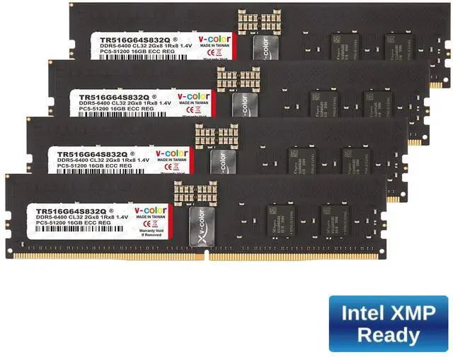Main image of V-COLOR DDR5 64GB (16GBx4) 6400MHz CL32 Overclocking R-DIMM 2Gx8 1Rx8 1.4V ECC Registered DIMM Memory for W790 Workstation (Intel XMP) (TR516G64S832Q)